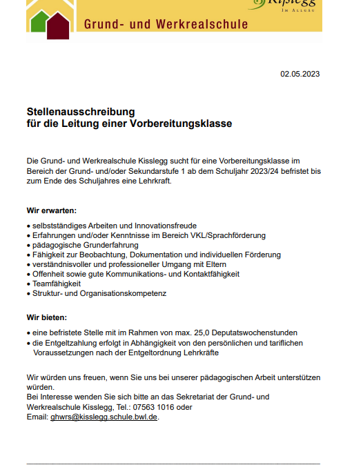 Stellenausschreibung  für die Leitung einer Vorbereitungsklasse