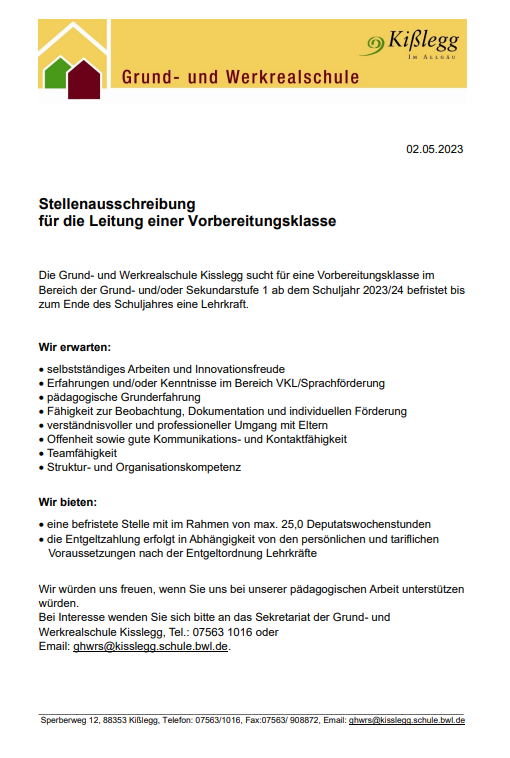 Stellenausschreibung  für die Leitung einer Vorbereitungsklasse