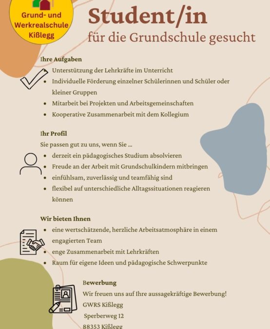 Student/in als Pädagogische Assistenz (m/w/d) für die Grundschule gesucht